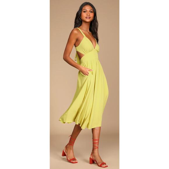 Lulus New! Green Tie-Back Midi Dress Pockets Sleeveless Vacay Beach Bohemian M - Picture 1 of 8